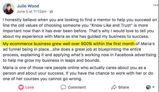 Julie Wood's Facebook post: my ecommerce business grew well over 900% within the first month of Maria's ad funnel being in place